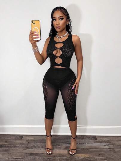 BamGleam Women Lace Hollow Out Top And Cropped Leggings Casual Daily Outfit