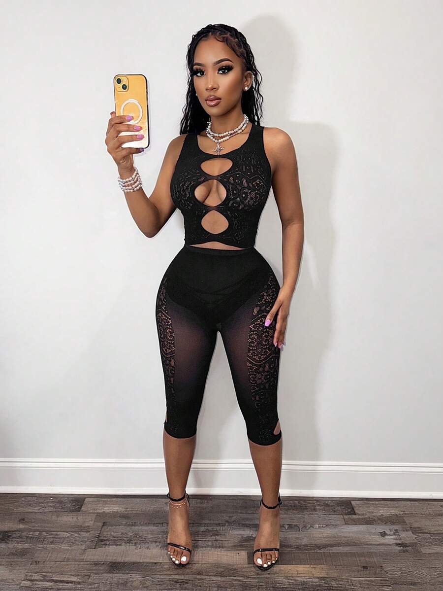 BamGleam Women Lace Hollow Out Top And Cropped Leggings Casual Daily Outfit - Black - View 1