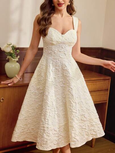 Vintamour Vintage Classic Elegant Women's Midi Dress, Spring/Summer Fitted Jacquard Dress, Bustier Dress, Beige Mid-Length Dress With Flared Hem