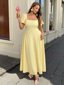 大码女士优雅简约夏季度假沙滩黄色褶皱腰部纹理面料方领泡泡袖A字中长连衣裙；精致生日约会下午茶办公室美人鱼连衣裙；黄色连衣裙 - 黃色 - 查看 2