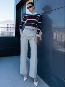 Bris Aura Women's Autumn/Winter Collegiate Style Polo Collar Contrast Striped Brown And Blue Loose Knit Sweater,Brown Sweater,Fall - Multicolor - View 4