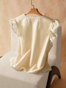 Elaquor 大码夏季休闲条纹花卉刺绣短袖衬衫 - 黃色 - 查看 2