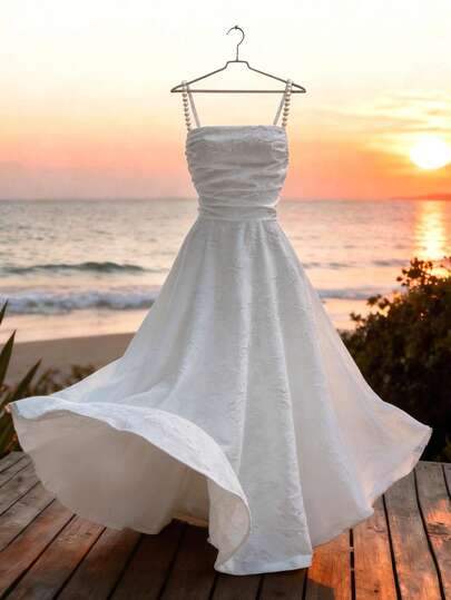 Franclia Women's Elegant Romantic Vacation Style Faux Pearl Strap Sexy Backless Dress, Suitable For Dates, Holidays, Parties White Elegant Dress White Pearl Dress White Dinner Dress Wedding Dress Bridal Plain White Satin Dress Cute White Dress White Dress Beach White Sundress Beach White Dress Vacation White Dress White Sun Dress