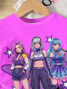 1 Set Tween Girls Casual K-POP Idol Anime Girl Group Graphic T-Shirt, Paired With Star Print Black Skinny Shorts, Stylish & Fashionable Summer Outfits - Multicolor - View 4