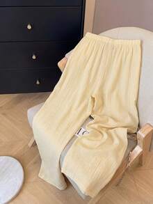 Lyxana Women's Linen Pleated High Waist Wide Leg Straight Pants, Casual Resort Style, Spring/Summer/Autumn - Yellow - View 2