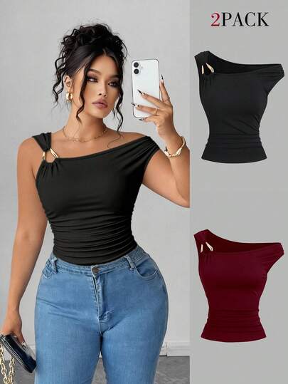 Elenzga Plus Size 2pcs/Set Asymmetric Collar Fitted T-Shirt, Versatile Casual Top, Spring/Summer