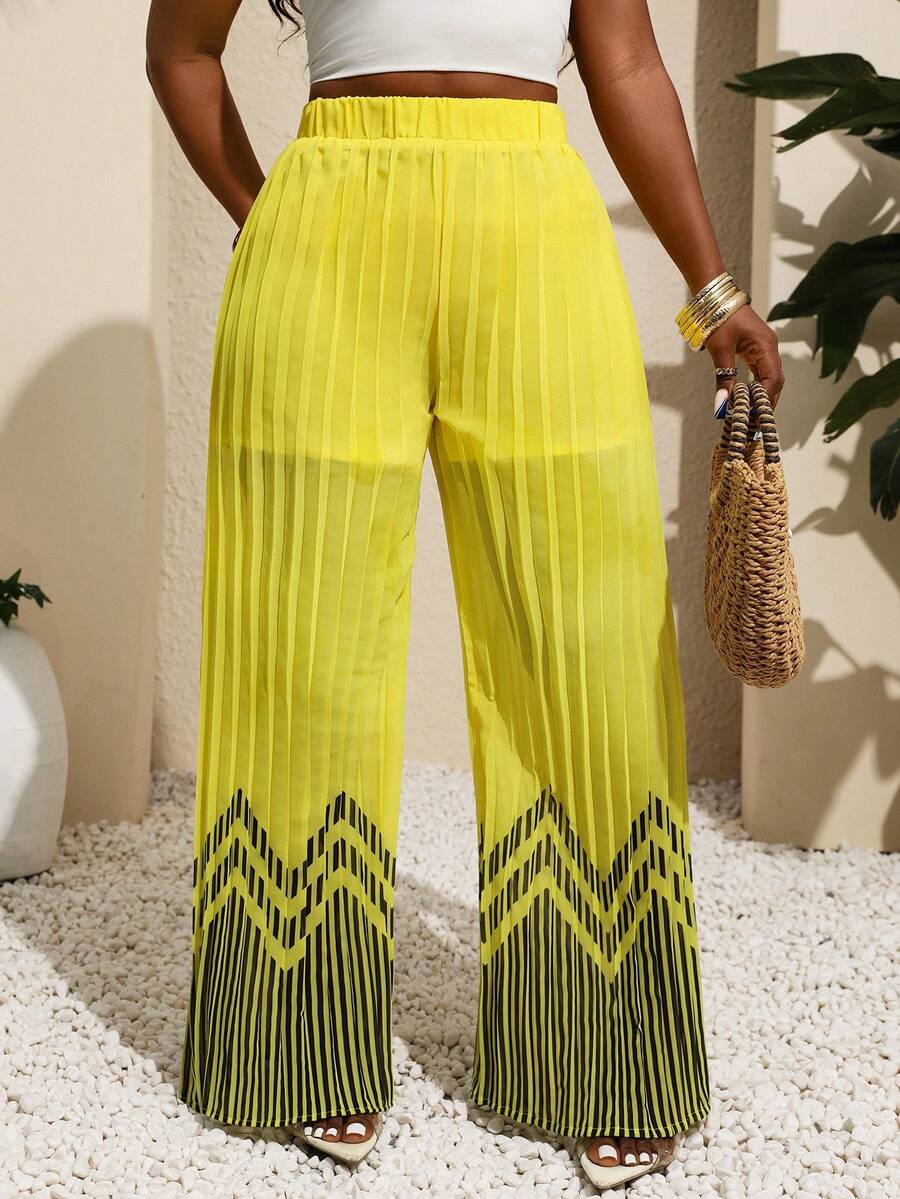Xyvia 女士优雅褶皱弹力腰阔腿裤，时尚百搭，适合夏季/海滩穿着 - 彩色 - 查看 1