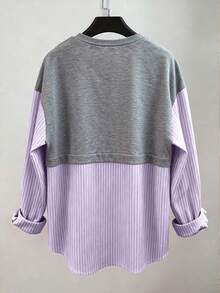 Franclia Striped Patchwork Casual Minimalist Round Neck Sweatshirt, Youthful - Mauve Purple - View 2