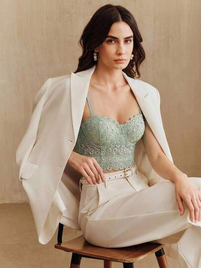 Anewsta Elegant French Lace Embellished Fitted Bustier, Sexy Open Back Camisole Top