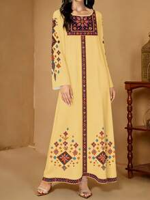 SHEIN Najma 花卉植物印花V领长袖连衣裙，优雅阿拉伯风格长款连衣裙，春夏款 - 彩色 - 查看 3