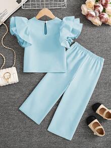 SHEIN Elladie kids Young Girl Minimalist Fashion Ruffle Trim Short Sleeve T-Shirt And Pants Set - Baby Blue - View 2
