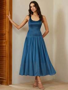 Aveloria Rosie Elegant Chiffon Dress With Satin Fabric Splicing, U-Neck Sleeveless Design, Minimalist High-End Luxury Style For Women - Teal Blue - View 3
