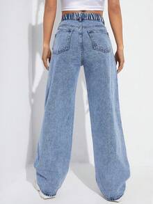 SHEIN EZwear Celana Panjang Wanita Ukuran Plus, Model Kasual, Pinggang Asimetris, Warna Washed - Light Wash - View 2