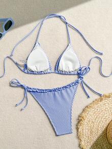 Swim Mod Conjunto de bikini de mujer con rayas, estilo náutico, patchwork, ribete de volantes y lazo - azul real - Ver 6