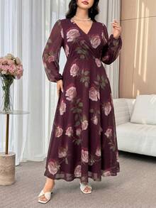 Modelyn Đầm thanh lịch tay phồng họa tiết hoa dành cho nữ cỡ lớn - Màu Đỏ Sâu - Xem 5