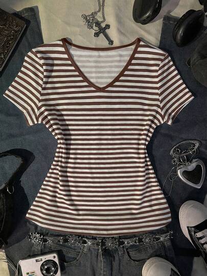 Glimmora Camiseta casual versátil de mujer con cuello en V a rayas y manga corta