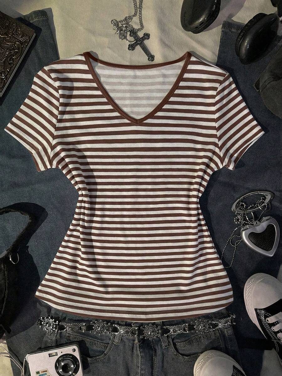 Glimmora Áo thun nữ tay ngắn cổ chữ V kẻ sọc, kiểu dáng thường ngày, đa năng. - Nhiều màu - Xem 1