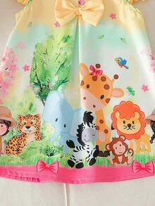 SHEIN Toddler Infant Baby Girls' Cute Bee & Floral Print Double Ruffle Sleeve A-Line Dress, Summer Summer Toddler Dress Baby Girl Dresses Childrens Dress Baby Girl Dress Set New Born Baby Girl Vacation Outfit Dress Girl Zoo Dress - Yellow - View 6