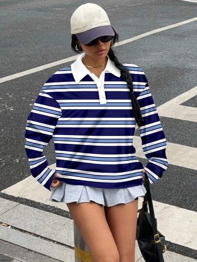 SHEIN EZwear Casual Retro Style Vintage Street Monochrome Striped Allover Print Polo Collar Loose Long Sleeve T-Shirt For Women, Suitable For Autumn/Winter, Street, Sports, Y2K