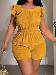 Veslaya Nuevo conjunto de 2 piezas de top de manga abullonada con cintura ceñida y pantalones cortos ajustados con bolsillos en color amarillo mostaza sólido, ideal para vacaciones, uso casual, playa, fiestas, estilo bohemio, uso diario, resort de isla, actividades al aire libre, festivales de música, citas y reuniones. Tallas grandes. Conjunto de verano amarillo de top y blusas para mujer. Vestido amarillo para mujer de playa. Conjuntos de ropa de vacaciones para mujer, conjuntos casuales de 2 piezas. - Amarillo Mostaza - Ver 10