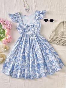 女童碎花露背蝴蝶结设计短袖收腰连衣裙 - 藍色 - 查看 4
