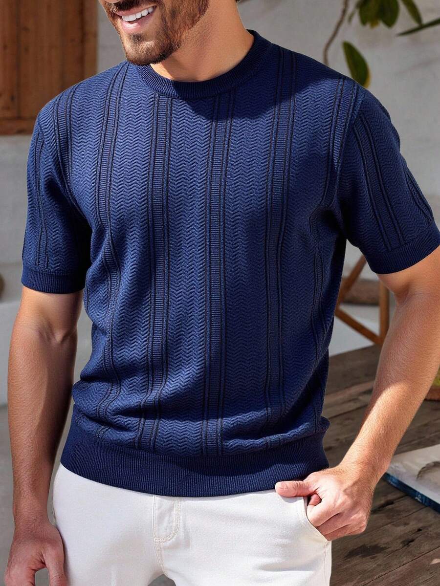 Manfinity Homme Men's Casual Knit Short Sleeve Top, Summer Men's Resort Outfit Cruise Outfit For Men Greece Vacation Outfit Men Blue And White Outfit Men Knit Top Men,Spring/Sunmmer,Holiday Easter - Army Green - View 1