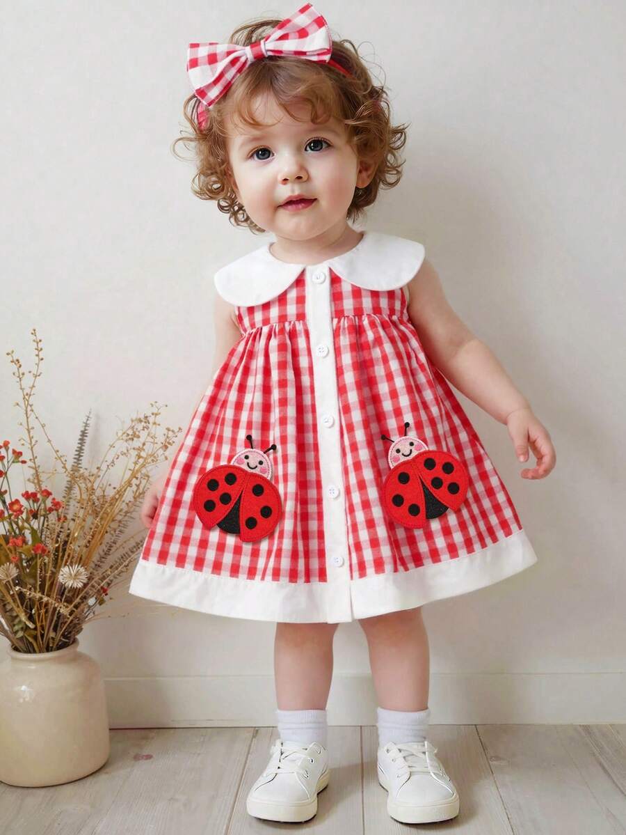 SHEIN Playful Pals 女婴夏季梭织连衣裙,红白格子可爱瓢虫刺绣无袖连衣裙,适合休闲、户外、派对等场合 - 紅色 - 查看 1