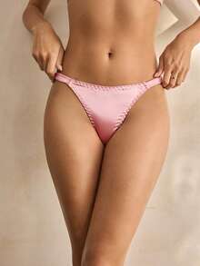 Charlaine 粉色缎面珠地蕾丝拼接薄纱简约浪漫经典优雅女士内裤 - 藕粉色 - 查看 4