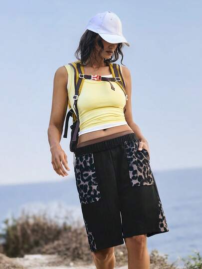 Medorelle Women's Leopard Print Patchwork Pocket Casual Versatile Daily Wear Shorts,Casual,Spring Outfit, Summer Outfit For Women,Going Out Outfits Women's Women S Summer Clothing Woman S For Woman