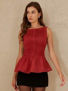 Aveloria Rosie 欧美夏季时尚女装新款百搭无袖褶皱迷你裙上衣，法式浪漫复古收腰伞裙廓形设计，高腰显瘦圆领度假风上衣 - 酒紅色 - 查看 5