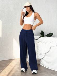 Easithlete Casual Solid Color Drawstring Waist Sports Pants - Navy Blue - View 4