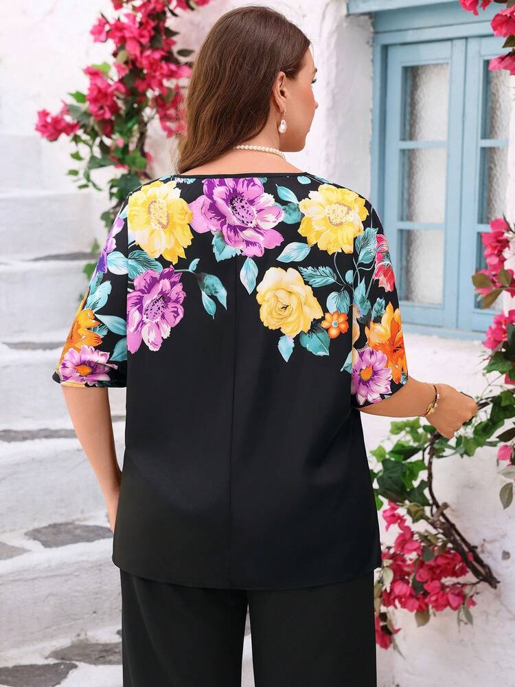 Plus Size Women Floral Print Batwing Sleeve Blouse