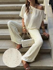 Siren Gaze 女士优雅休闲闪亮亮片透视针织露肩蝙蝠袖短袖宽松上衣，夏季海滩度假派对罩衫白色闪亮上衣奶油色两件套闪亮两件套网纱套装水钻上衣，夏季上衣女士度假套装闪亮套装女士夏季套装两件套女士夏季套装女士套装潮流套装闪亮魅力套装服装配饰时尚套装 - 杏色 - 查看 5