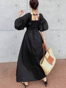 FRIFUL Women's Summer/Spring Solid Color Tie Bow Decor Flared Waist Fitted Long Dress, Versatile Sundress - Black - View 8