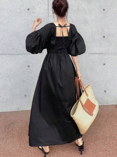 FRIFUL 女士春夏纯色系带蝴蝶结装饰喇叭腰修身长连衣裙，百搭