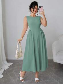 Elenzga 大码女式纯色圆领褶皱无袖优雅连衣裙长款女装 - 水鴨藍 - 查看 3