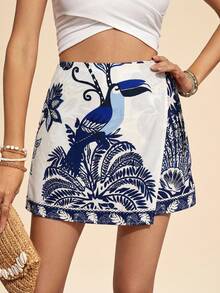 Travachic Plus Size Women Palm Tree Print Casual Culottes - Blue and White - View 3
