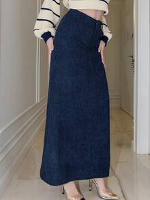 Bris Aura Women's Solid Color Long Elegant Commuting A-Line Skirt With Pockets - Navy Blue - View 6