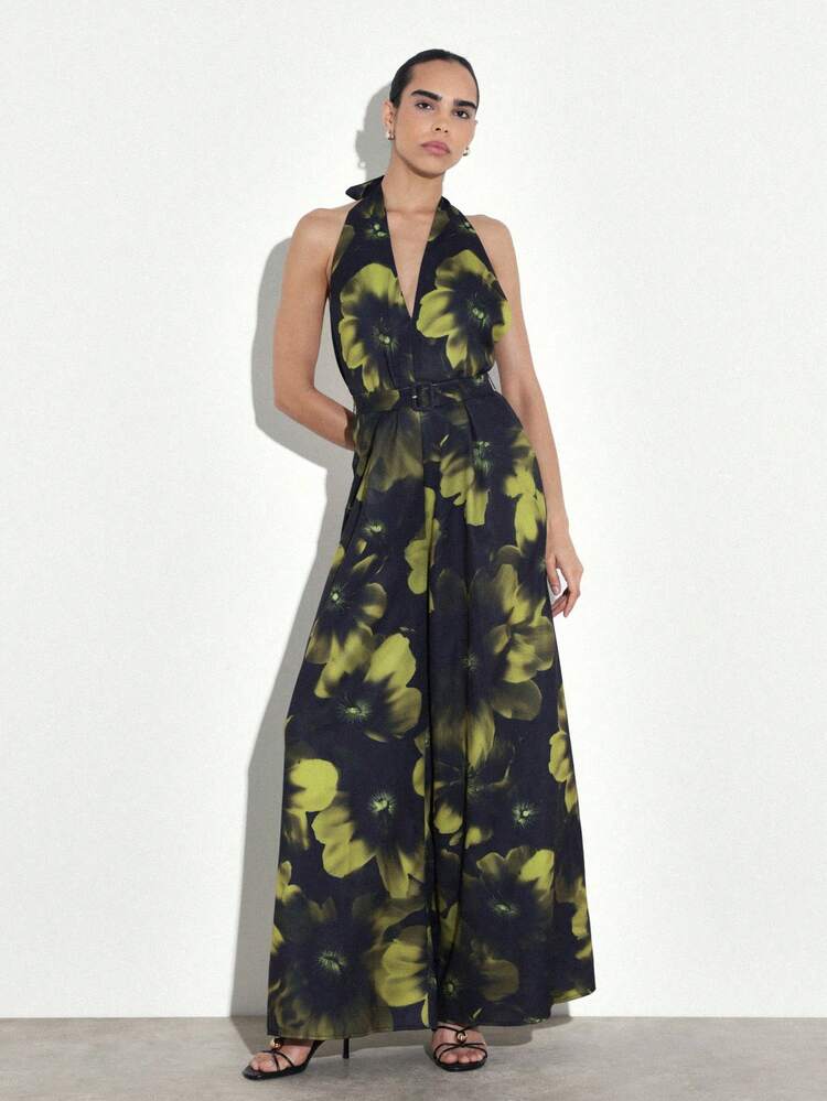 KSTM Women's Halter Neck Backless Floral Print Maxi Jumpsuit With Plunge Neckline And Flowy Wide Leg Palazzo Style