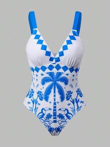 SHEIN Swim Oasis 2026夏季新款蓝白渡渡鸟棕榈树印花连体泳衣，含纱笼裙，两件套，优雅休闲，适合海滩度假、音乐节、海边约会、海滩派对、泳池派对等场合。女士沙滩装，夏季泳衣比基尼套装，含罩衫，连体泳衣，收腹设计。 - 藍白色 - 查看 10
