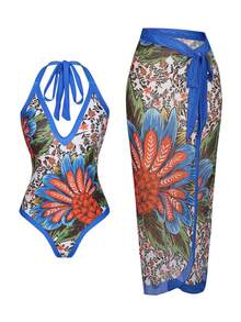 Swim Oasis Traje de baño de una pieza con cuello en V estampado y falda de malla calada para mujer, conjunto de dos piezas de ajuste ceñido de alta gama, primavera/verano - Multicolor - Ver 1