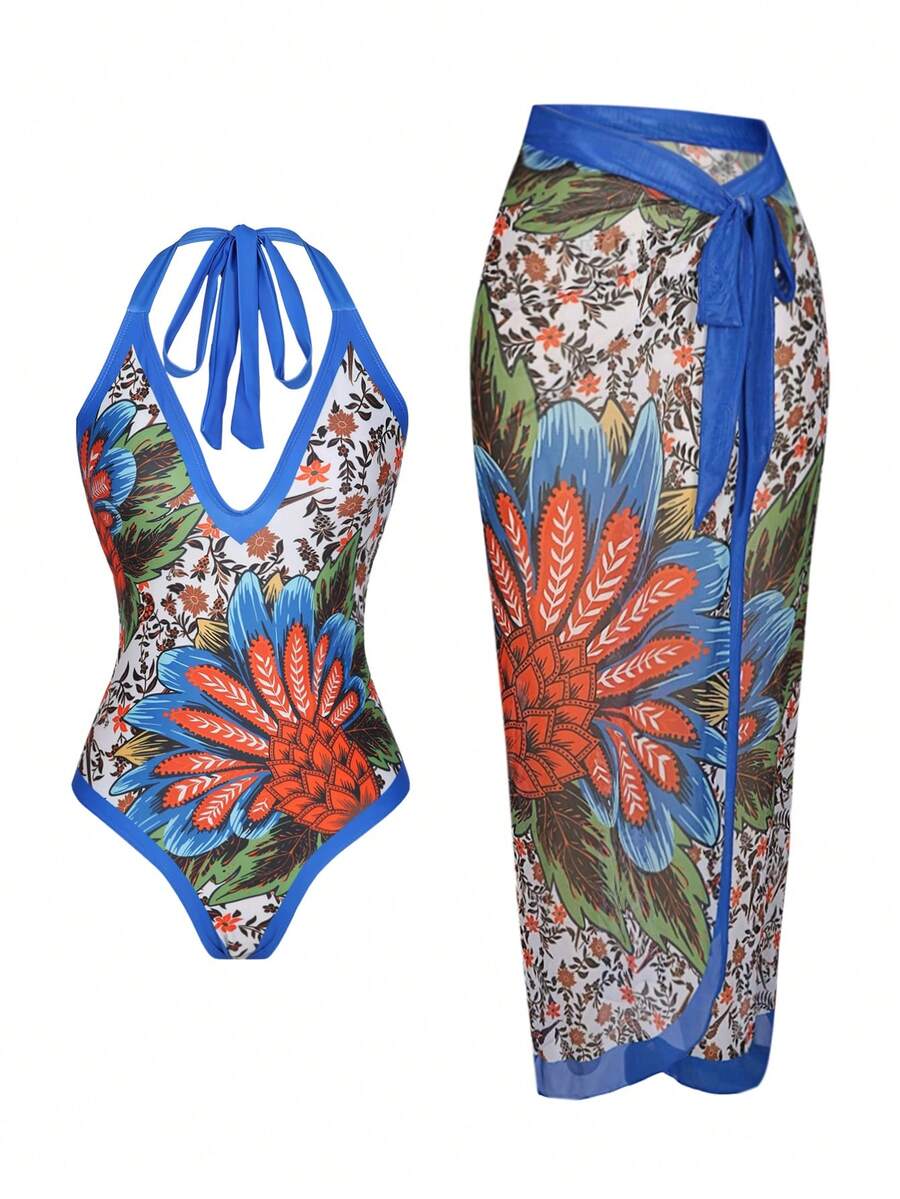Swim Oasis Traje de baño de una pieza con cuello en V estampado y falda de malla calada para mujer, conjunto de dos piezas de ajuste ceñido de alta gama, primavera/verano - Multicolor - Ver 1