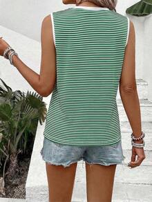 EMERY ROSE Women's Casual Round Neck Sleeveless Contrast Collar & Cuff Striped Print Pattern Tank Top - Multicolor - View 2