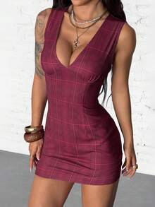 SHEIN HypeZone 女士休闲红色格子修身吊带连衣裙 - 紅色 - 查看 3