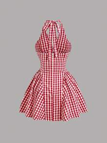 Sweetra 春夏新款设计感十足的高街优雅格纹复古性感修身蝴蝶结拼接千鸟格百搭舒适休闲连衣裙，粉色 - 紅白色 - 查看 2