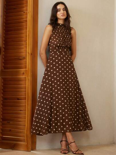 Aveloria Rosie Elegant Chiffon Colorblock Polka Dot Sleeveless Dress With Pleated Front Design, Waist Cinched, Suitable For Daily Wear And Vacation