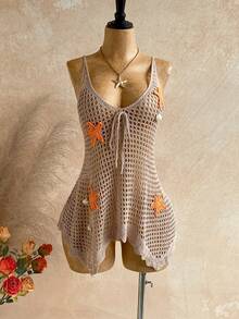 Soleia 女士V领镂空星形装饰不对称下摆罩衫 - 卡其色 - 查看 4