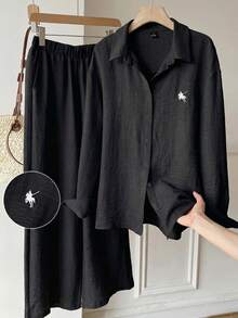 SHEIN EZwear Women's Black Woven Shirt With Horse Embroidery And Pants Casual Suit - Black - View 1