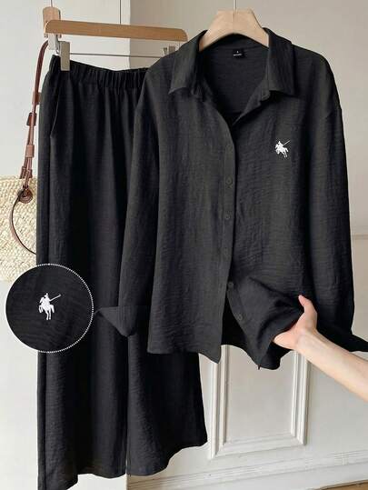 SHEIN EZwear Women's Black Woven Shirt With Horse Embroidery And Pants Casual Suit