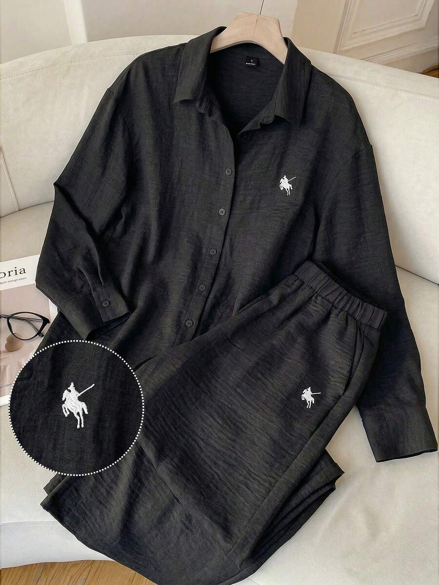 SHEIN EZwear 女士黑色梭织衬衫，饰有马匹刺绣，搭配休闲裤套装 - 黑色 - 查看 1